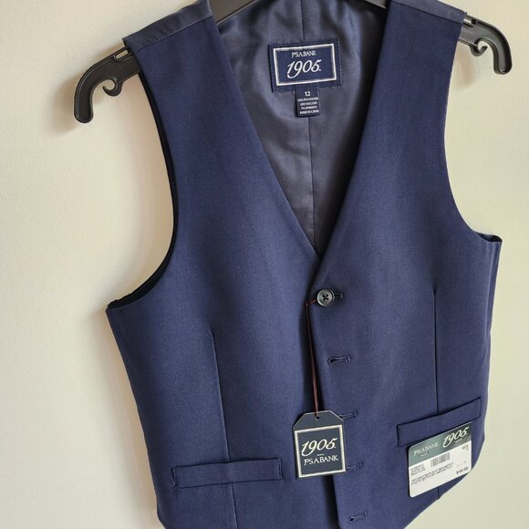 Size 12 Boys Vest Navy Blue Wedding Ringbearer Jos A Bank Kids Polyester Nwt New - Picture 11 of 17